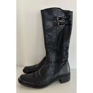 Paul Green Buckled Riding Boots Black Leather Elastic Pull On Zipper Women's 5.5